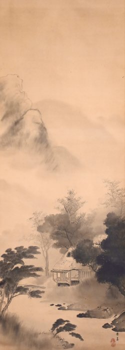 Summer Scenery of Mountain and River - Old House Landscape - Hanging Scroll - “Takahashi Oushin 高橋應真 (1855-1901)” - Japan - Meiji-perioden (1868-1912)  (Ingen mindstepris)