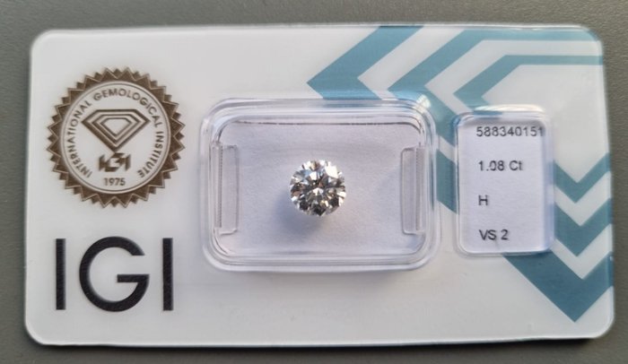 1 pcs Diamant  (Natur)  - 1.08 ct - Rund - H - VS2 - International Gemological Institute (IGI)