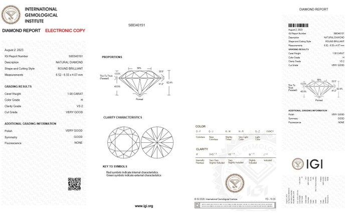 1 pcs Diamant  (Natur)  - 1.08 ct - Rund - H - VS2 - International Gemological Institute (IGI)