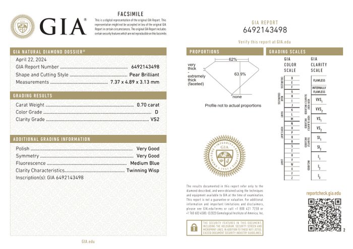 Ingen mindstepris - 1 pcs Diamant  (Natur)  - 0.70 ct - Pære - D (farveløs) - VS2 - Gemological Institute of America (GIA) - *VG*