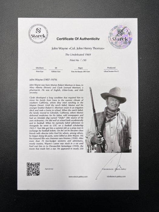 John Wayne «Col. John Henry Thomas» - The Undefeated 1969 - Fine Art Photography - Luxury Wooden Framed 70X50 cm - Limited Edition Nr 02 of 30 - Serial ID 20163 - Original Certificate (COA), Hologram Logo Editor and QR Code - 100% New items.