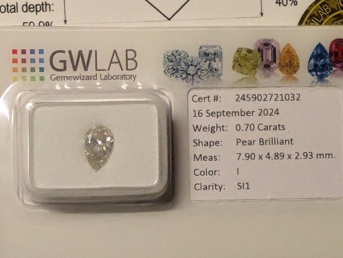 Ingen mindstepris - 1 pcs Diamant  (Natur)  - 0.70 ct - Pære - I - SI1 - Gemewizard Gemological Laboratory (GWLab)