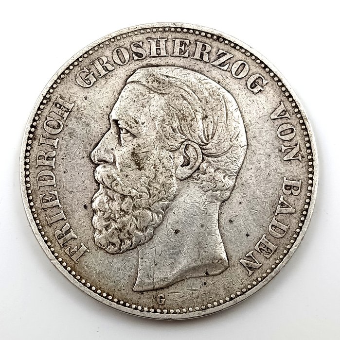 Tyskland, Baden, Tyskland, Emperie. Friedrich I., 1852-1907. 5 Mark 1875-G  (Ingen mindstepris)