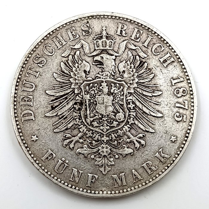 Tyskland, Baden, Tyskland, Emperie. Friedrich I., 1852-1907. 5 Mark 1875-G  (Ingen mindstepris)