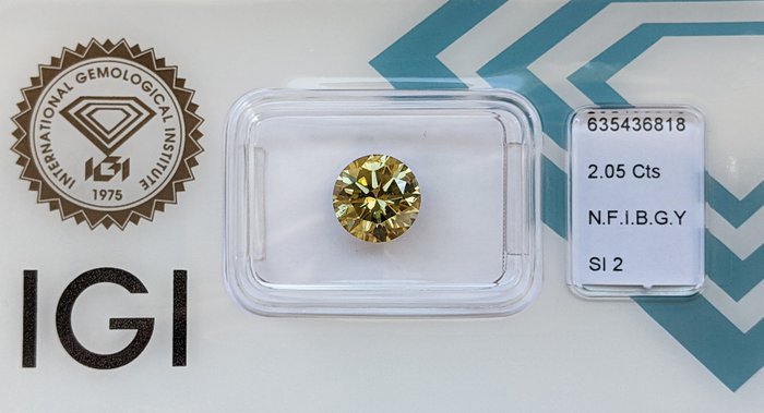 1 pcs Diamant  (Naturfarvet)  - 2.05 ct - Rund - Fancy intense Brunlig, Grønlig Gul - SI2 - International Gemological Institute (IGI)