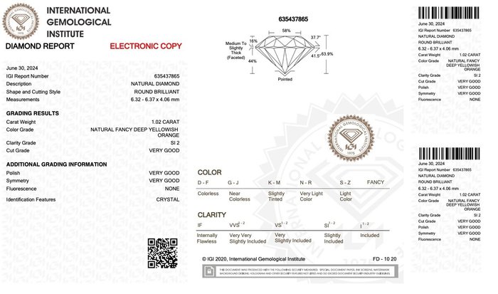 Ingen mindstepris - 1 pcs Diamant  (Naturfarvet)  - 1.02 ct - Rund - Fancy deep Gullig Orange - SI2 - International Gemological Institute (IGI)