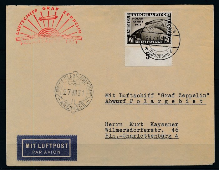 Tyske Kejserrige 1931 - Zeppelin luftskib LZ 127 - polarrejse på Zeppelin cover annulleret med særligt bekræftelsesstempel - und hochwertiger Frankatur 4 RM, Michel Nr. 458 (Unterrand)