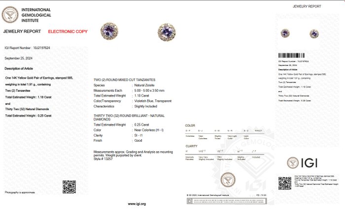 Ingen mindstepris - Øreringe - 14 karat Gulguld -  1.43ct. tw. Tanzanit - Diamant - IGI