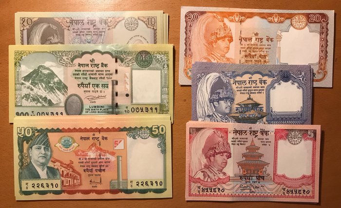 Nepal. - 10 x 1, 5, 10, 20, 50, 100 Rupee ND 1991, ND 2002, 2005, 2008 (60 banknotes) - Pick 37, 46, 47, 52, 54, 64  (Ingen mindstepris)