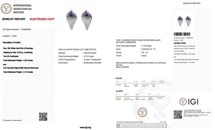 Øreringe - 18 kraat Hvidguld -  8.35ct. tw. Ametyst - Diamant