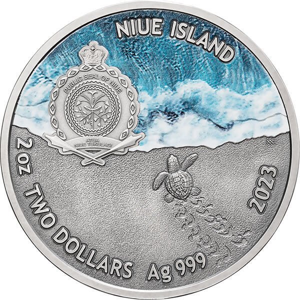 Niue. 2 Dollars 2023 Loggerhead Sea Turtle Lifelong Journey 2 oz Antique Finish (.999)