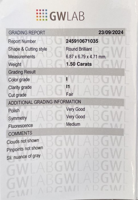 Ingen mindstepris - 1 pcs Diamant  (Natur)  - 1.50 ct - Rund - I - I1 - Gemewizard Gemological Laboratory (GWLab)