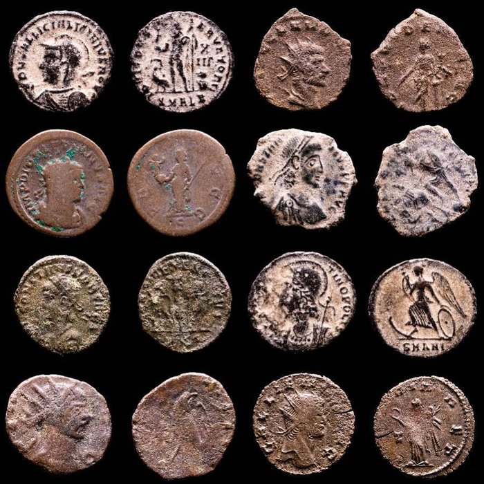 Romarriket. Lot comprising eight (8) coins: III-IV centuries AD.. Antoninianus, Follis, Maiorinas. Licinius II, Claudius II (2), Gallienus, Constantius II, Constantinopolis, Diocletian  Constantine  (Ingen mindstepris)