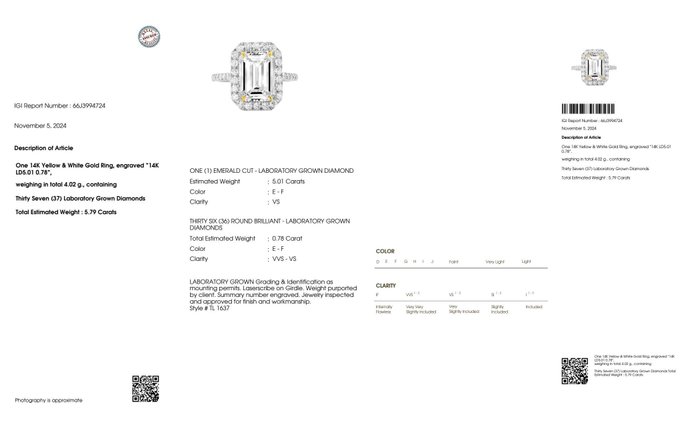 Ring - 14 karat Gulguld, Hvidguld -  5.79ct. tw. Diamant (Laboratoriedyrket) - Diamant - IGI