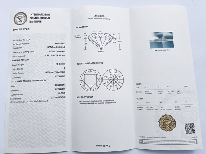 1 pcs Diamant  (Natur)  - 1.12 ct - Rund - D (farveløs) - IF - International Gemological Institute (IGI) - *3EX*