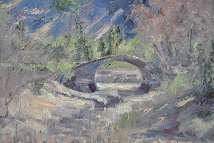 Chris van Dijk  (1952) Impressionist - " Pont Romain sur le Toulouranc a Brantes  "