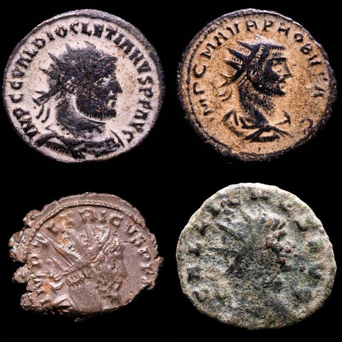 Romarriket. Gallienus, Diocletian, Tetricus I  Probus. Lot comprising four (4) antoninianus  (Ingen mindstepris)