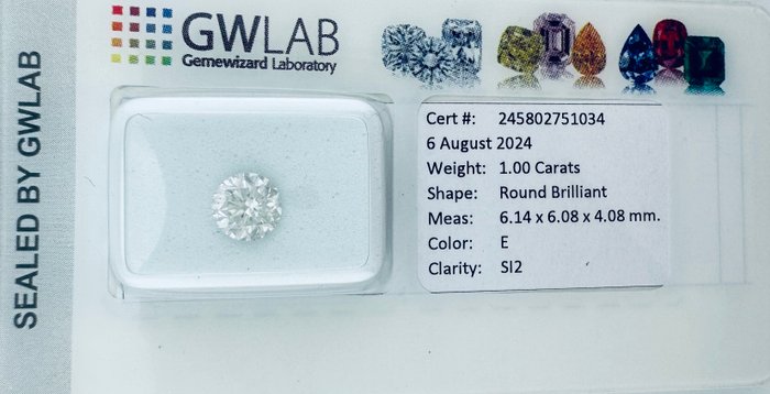 1 pcs Diamant  (Natur)  - 1.00 ct - Rund - E - SI2 - Gemewizard Gemological Laboratory (GWLab) - ( NATURLIG )