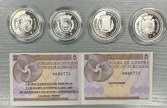 Spanien. 5 Euro 2010 "Capitales de Provincia y Ciudades autónomas" (4 monnaies) Proof, N° 1 à 4.  (Ingen mindstepris)