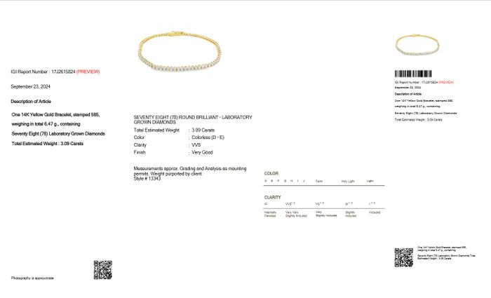 Ingen mindstepris - Tennisarmbånd - 14 karat Gulguld -  3.09ct. tw. Diamant (Laboratoriedyrket) - D-E VVS IGI CERTIFICERT