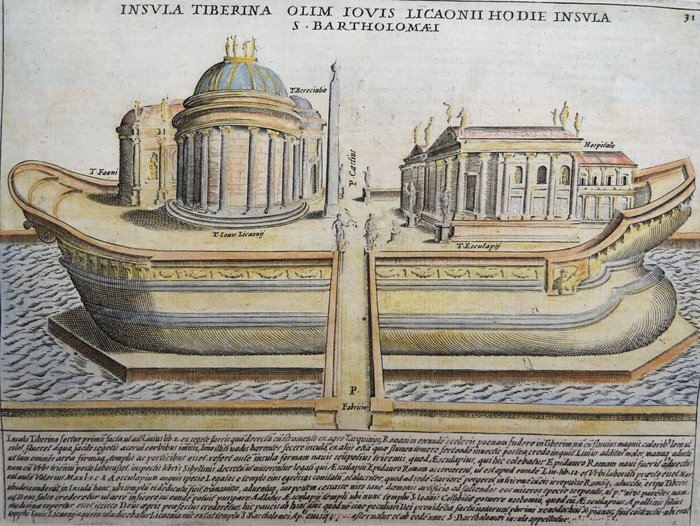 Italien - Rom, Isola Tiberina, øen i Tiberen; Giacomo Lauro - Insula Tiberina Olim Iovis Licaonii Hodie Insula - 1621-1650