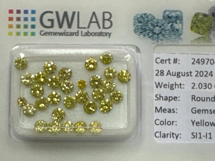 Ingen mindstepris - 31 pcs Diamant  (Farvebehandlet)  - 203 ct - Rund Gul - I1 SI1 - Gemewizard Gemological Laboratory (GWLab)