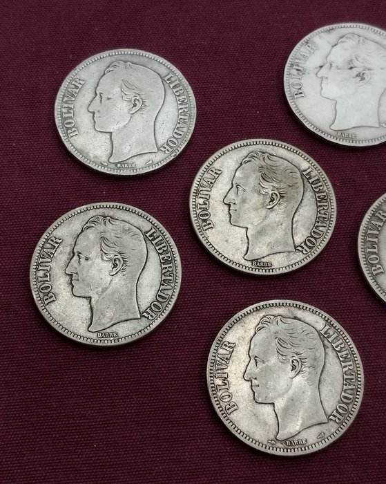 Venezuela. Lot comprising 6 Silver Coins. 5 Bolivares. All different.