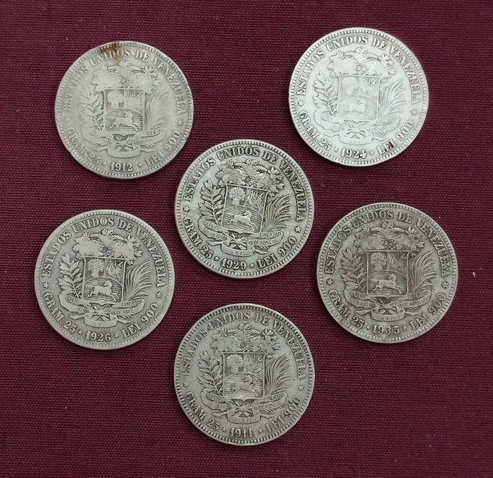 Venezuela. Lot comprising 6 Silver Coins. 5 Bolivares. All different.