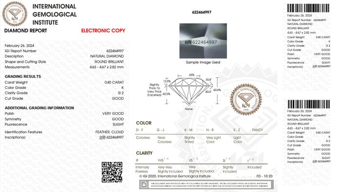 1 pcs Diamant  (Natur)  - 0.40 ct - Rund - K - SI2 - International Gemological Institute (IGI) - Premium diamant