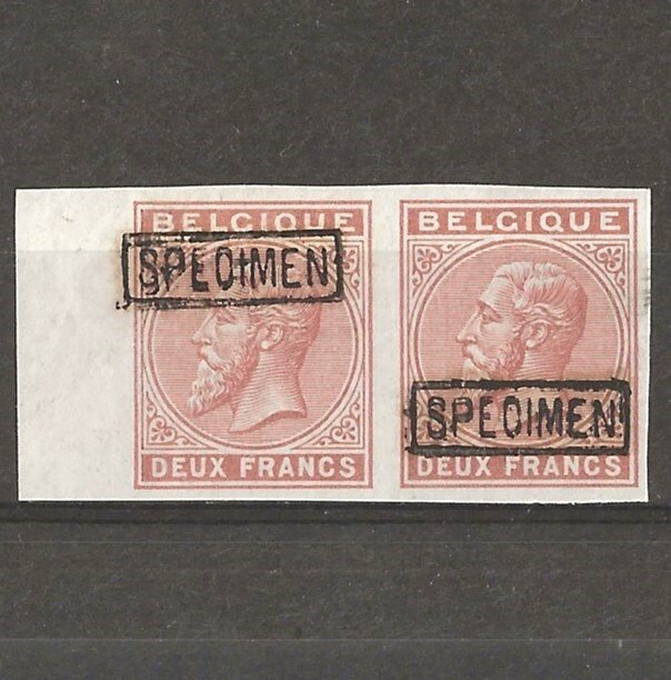 Belgien 1883 - Leopold II, 2F brun imperforeret + SPECIMEN, i par