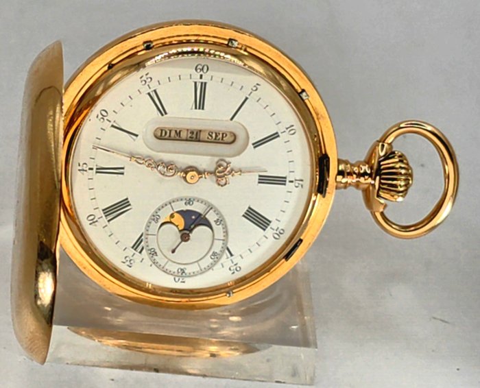 JM Schweiz - 14K Gold Savonette - digitale Kalenderkomplikation in Englisch - Mondphase - Schweiz omkring 1900