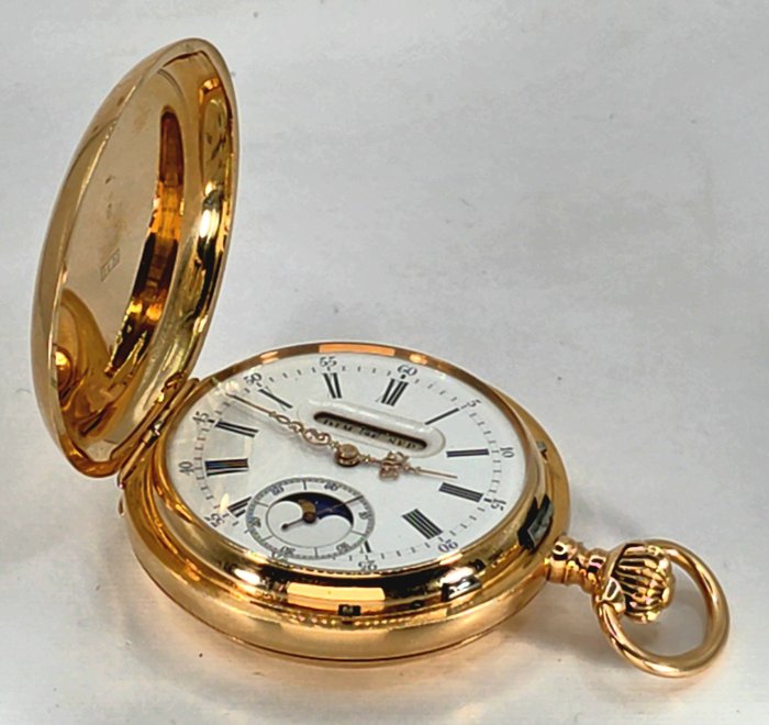 JM Schweiz - 14K Gold Savonette - digitale Kalenderkomplikation in Englisch - Mondphase - Schweiz omkring 1900