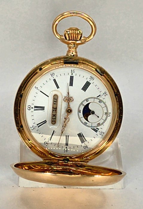 JM Schweiz - 14K Gold Savonette - digitale Kalenderkomplikation in Englisch - Mondphase - Schweiz omkring 1900