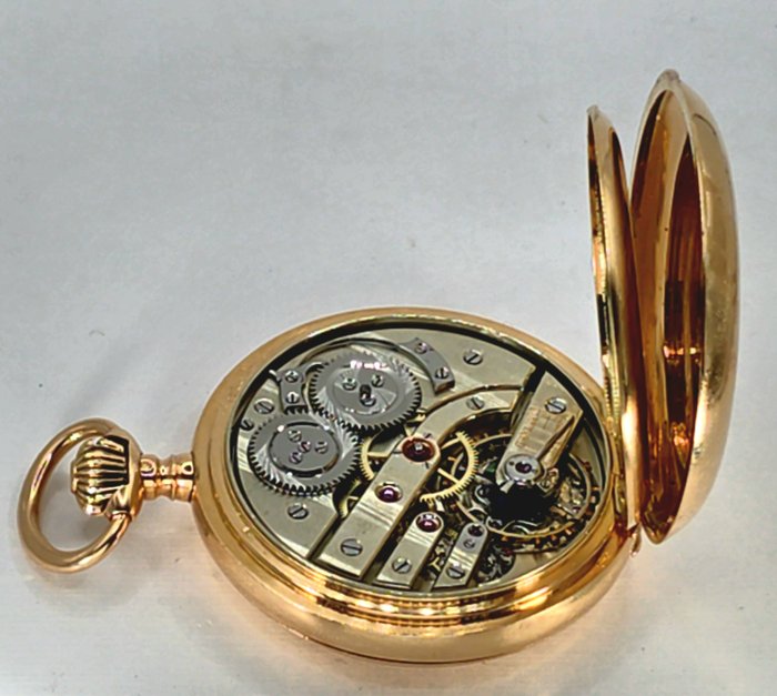 JM Schweiz - 14K Gold Savonette - digitale Kalenderkomplikation in Englisch - Mondphase - Schweiz omkring 1900