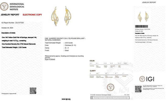 Øreringe - 14 karat Gulguld -  2.03ct. tw. Diamant (Natur) - en af slagsen