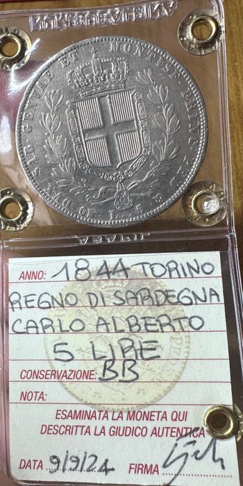 Italien, Savoyen Carlo Alberto. 5 Lire 1844 Torino  (Ingen mindstepris)