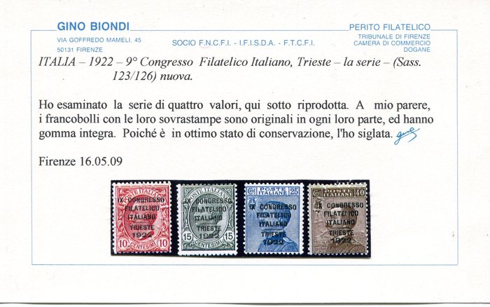 Italien 1922 - Congresso Filatelico Italiano, Trieste - Sassone 123-26