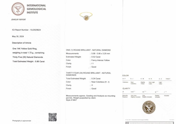 Ring - 14 karat Gulguld -  0.86ct. tw. Diamant (Naturfarvet) - Diamant