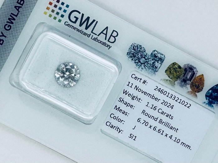 1 pcs Diamant  (Natur)  - 1.16 ct - Rund - J - SI1 - Gemewizard Gemological Laboratory (GWLab)