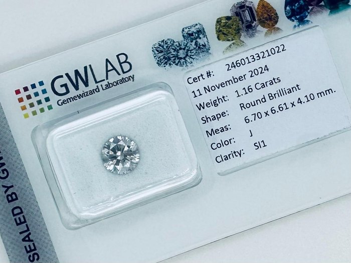 1 pcs Diamant  (Natur)  - 1.16 ct - Rund - J - SI1 - Gemewizard Gemological Laboratory (GWLab)