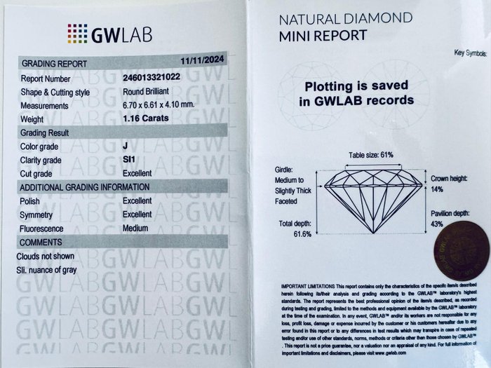 1 pcs Diamant  (Natur)  - 1.16 ct - Rund - J - SI1 - Gemewizard Gemological Laboratory (GWLab)