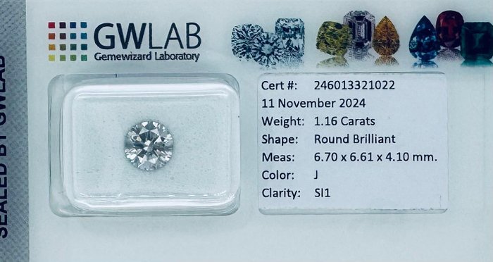 1 pcs Diamant  (Natur)  - 1.16 ct - Rund - J - SI1 - Gemewizard Gemological Laboratory (GWLab)