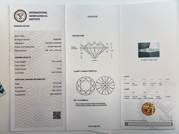 1 pcs Diamant  (Natur)  - 2.01 ct - Rund - F - VVS1 - International Gemological Institute (IGI)