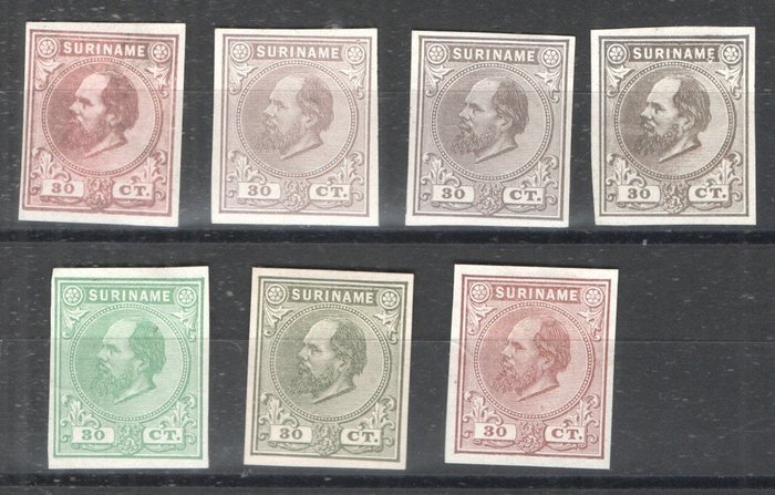 Surinam 1885 - Kong Willem III Haarlem farveprøver - 30 cent 7 uperforeret komplet inklusive valgt farve