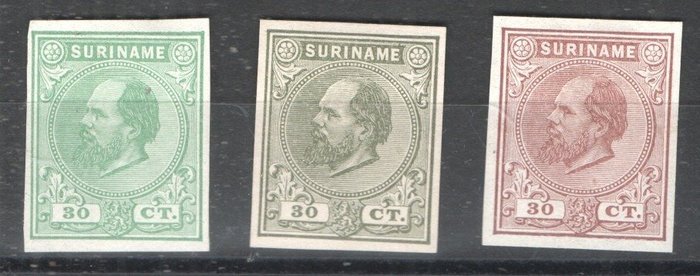 Surinam 1885 - Kong Willem III Haarlem farveprøver - 30 cent 7 uperforeret komplet inklusive valgt farve