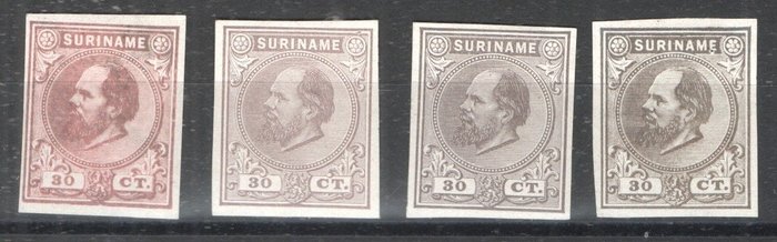 Surinam 1885 - Kong Willem III Haarlem farveprøver - 30 cent 7 uperforeret komplet inklusive valgt farve