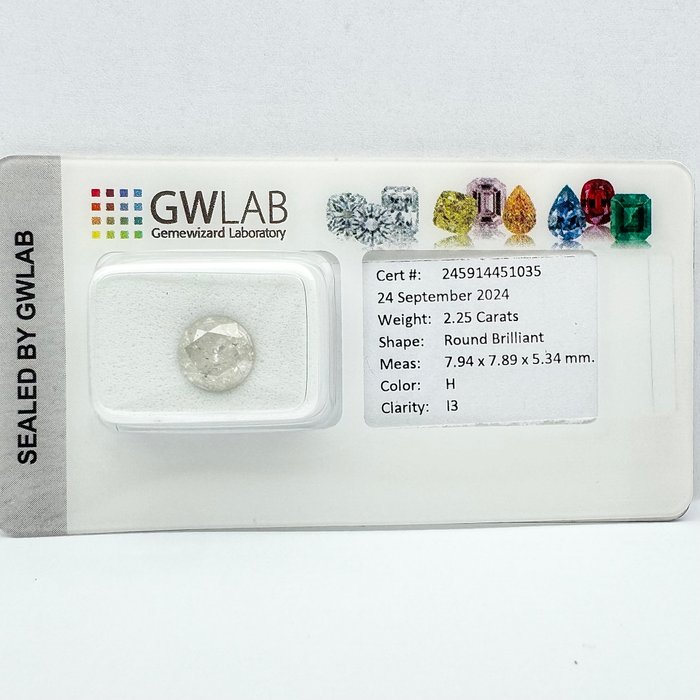 Ingen mindstepris - 1 pcs Diamant  (Natur)  - 2.25 ct - Rund - H - I3 - Gemewizard Gemological Laboratory (GWLab)