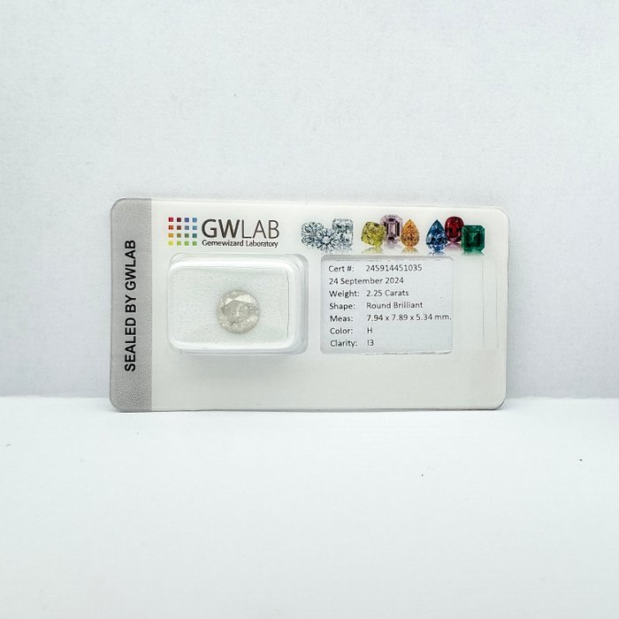 Ingen mindstepris - 1 pcs Diamant  (Natur)  - 2.25 ct - Rund - H - I3 - Gemewizard Gemological Laboratory (GWLab)