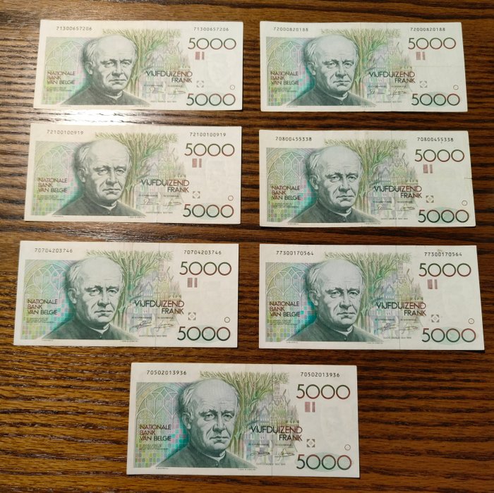 Belgien. - 7 x 5000 Francs ND (1982-92) - 2 verschillende handtekeningen - Pick 145  (Ingen mindstepris)