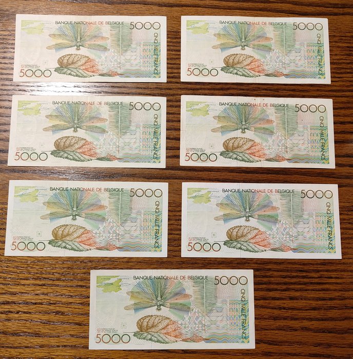 Belgien. - 7 x 5000 Francs ND (1982-92) - 2 verschillende handtekeningen - Pick 145  (Ingen mindstepris)